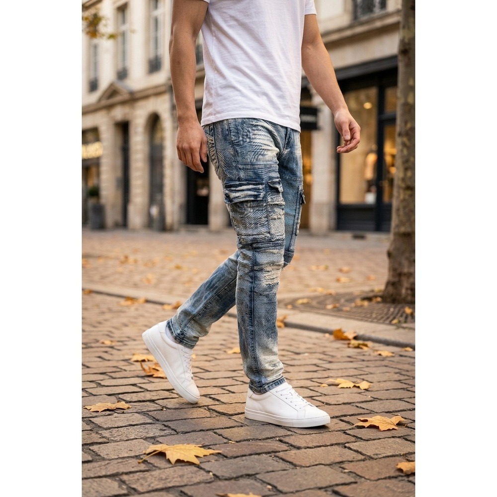 True Indigo Men Moto Cargo Jeans Blue Washed Slim Fit 30x32 Biker Streetwear Y2K